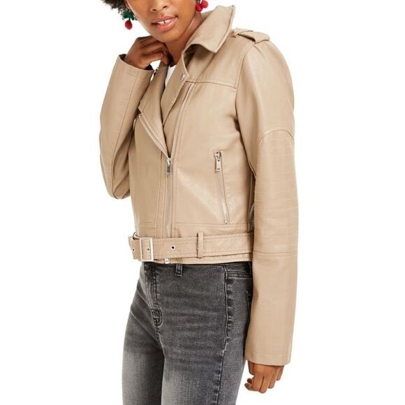 Collection B Juniors Faux-Leather Desert Tan Moto Jacket Size Medium NWD NWT - Picture 1 of 9